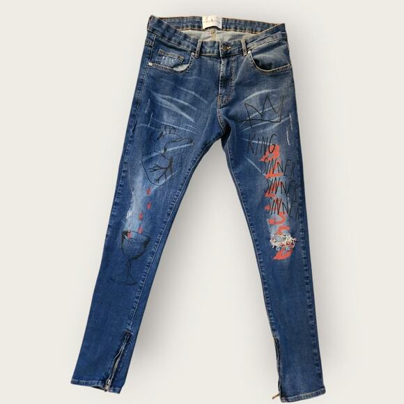Alistair Fraiser Jeans Mens Sz M King Sinner Denim Distressed Skinny Ankle Zip - Picture 1 of 9